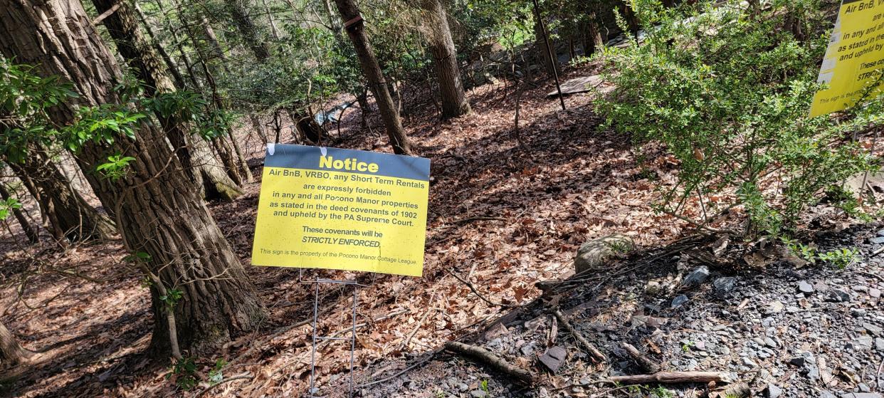 Notice signs were found near the property at 205 Lake Road in Pocono Manor on April 25, 2024, forbidding any short term rentals by the Pocono Manor Cottage League.