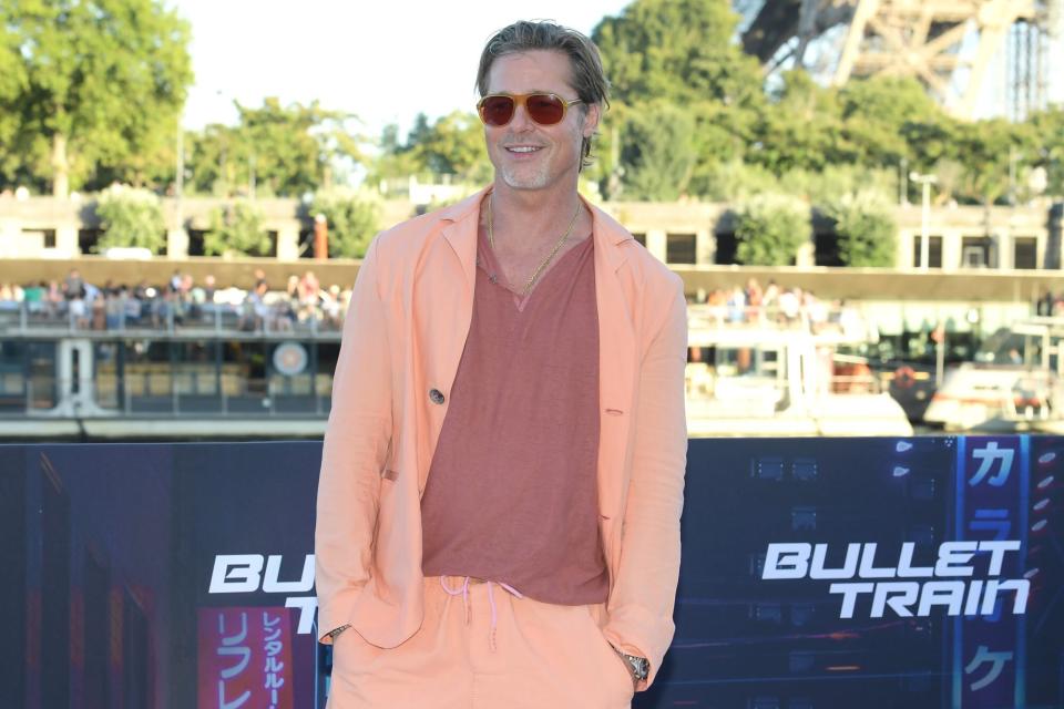 PARIS, FRANCE - JULY 16: Brad Pitt attends the "Bullet Train" Photocall at Bateau L'Excellence, Port Debilly on July 16, 2022 in Paris, France. (Photo by Dominique Charriau/Getty Images )