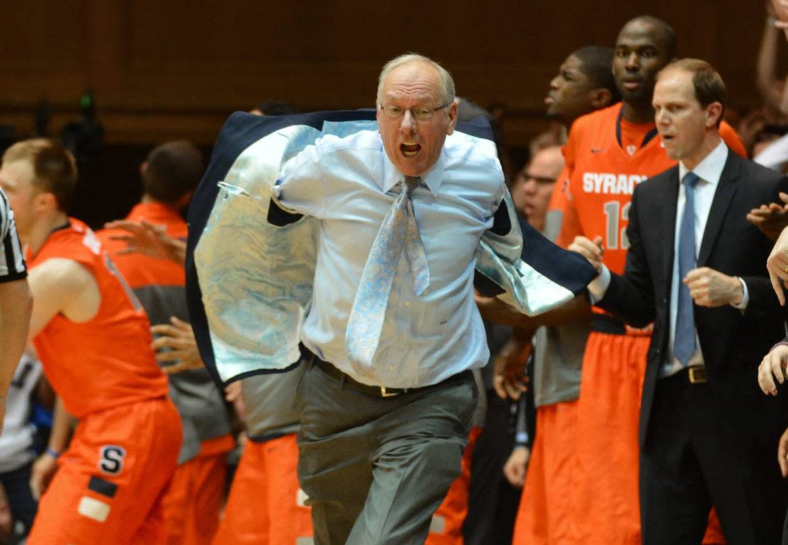 Syracuse head coach Jim Boeheim charges the floor after a charge is called on Syracuse forward C.J. Fair (5) in the closing seconds. Boeheim was ejected and called for a technical. Duke beat Syracuse 66-60 at Cameron Indoor Stadium in Durham, N.C. Saturday Feb. 22, 2014.