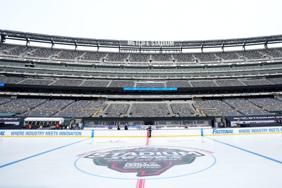 The Devils, Flyers, Rangers and Islanders will be playing at MetLife Stadium this weekend. A view here, Monday, February 12, 2024, shows the logo on the ice.