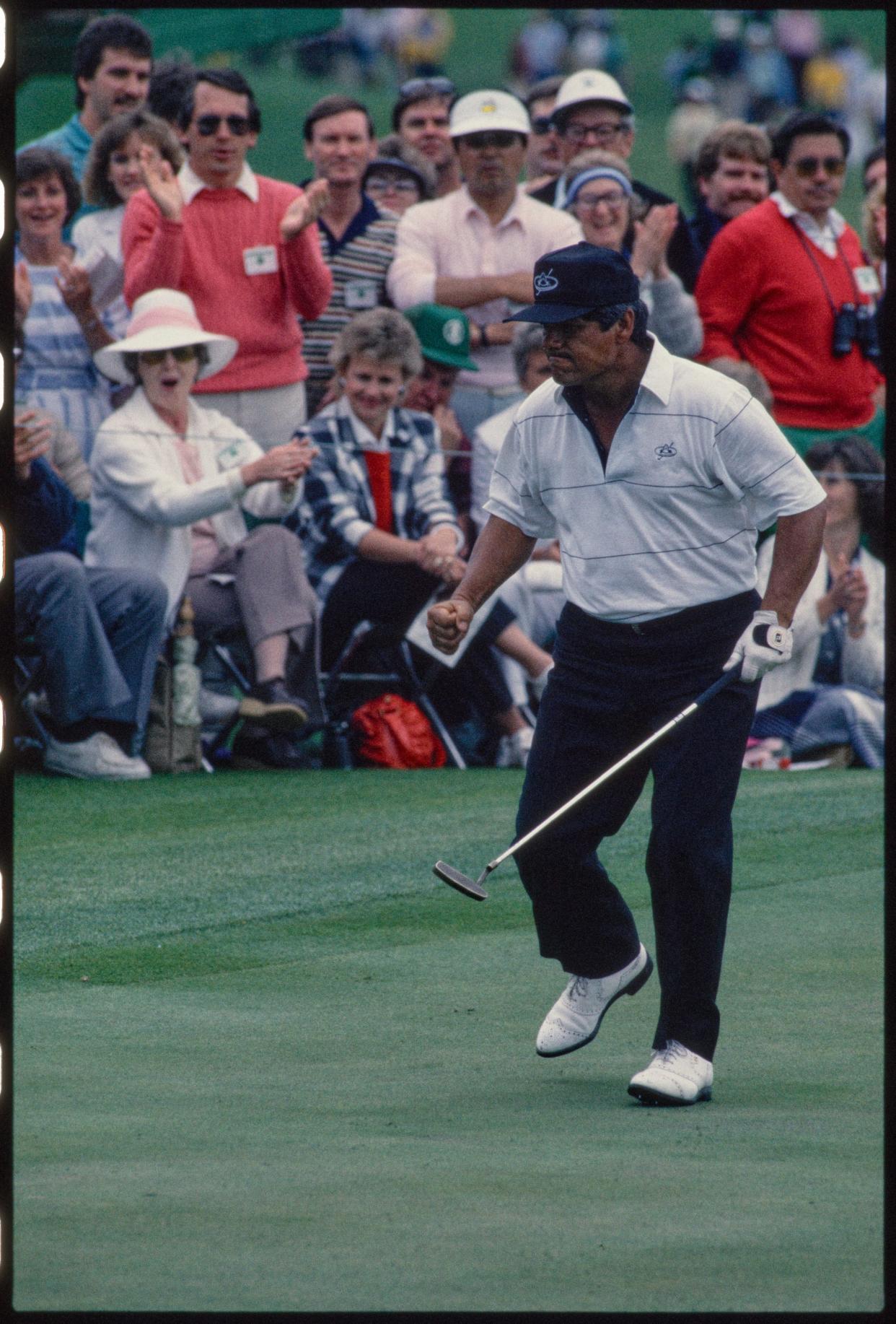 04/14/1985; Augusta, Georgia, USA; Lee Trevino reacts to putt at the Augusta National Golf Course during the 1985 Masters. Mandatory Credit: File Photo -The Augusta Chronicle via USA TODAY NETWORK