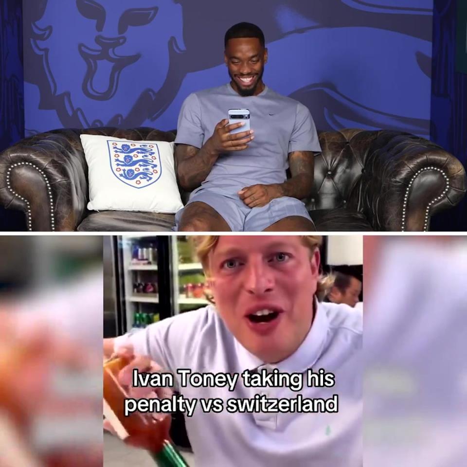 Ivan Toney watching a meme featuring Thomas Skinner inspired by his no-look penalty style (X)