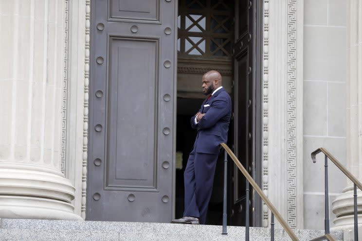 John Fuller, attorney for Cardell Hayes, stands outside the Orleans Parish Criminal District Court. (AP)