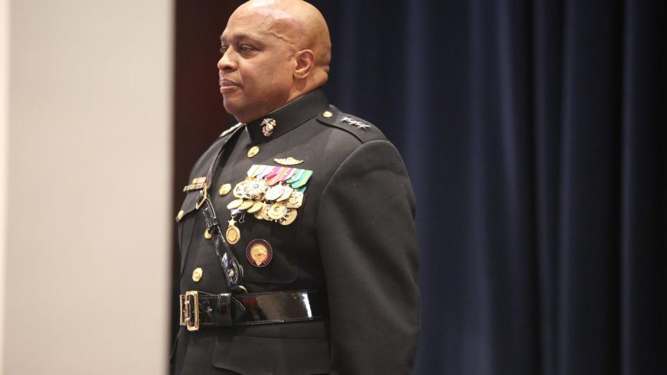 Lt. Gen. Vincent R. Stewart stands at attention during his retirement ceremony at Marine Barracks Washington D.C., Apr. 5, 2019. (Lance Cpl. James Bourgeois / Marine Corps)