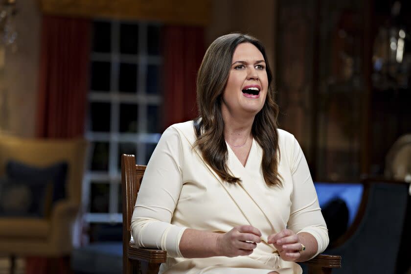 Gov. Sarah Huckabee Sanders, R-Ark., speaks while delivering the Republican response to President Biden's State of the Union address, Tuesday, Feb. 7, 2023, in Little Rock, Ark. (Al Drago/Bloomberg, Pool)