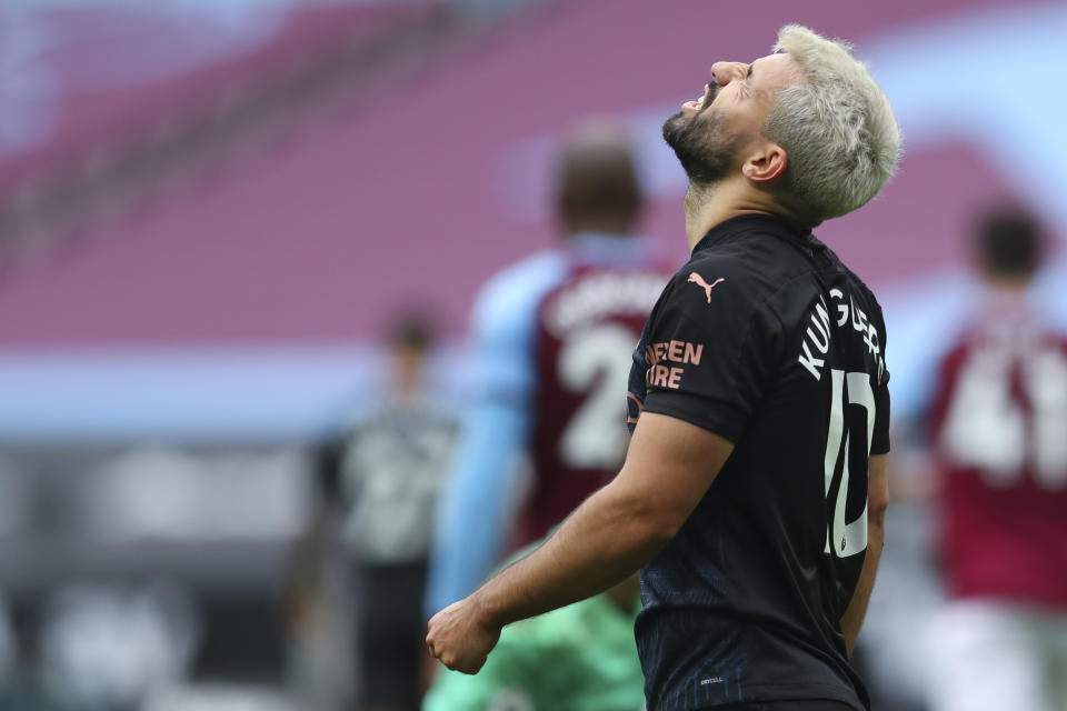 Manchester City's Sergio Aguero reacts during the English Premier League soccer match between West Ham and Manchester City, at the London Olympic Stadium Saturday, Oct. 24, 2020. (Catherine Ivill, Pool via AP)