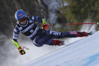 United States' Mikaela Shiffrin speeds down the course during an alpine ski, women's World Cup Super G race in Kvitfjell, Norway, Friday, March 3, 2023. (AP Photo/Marco Trovati)