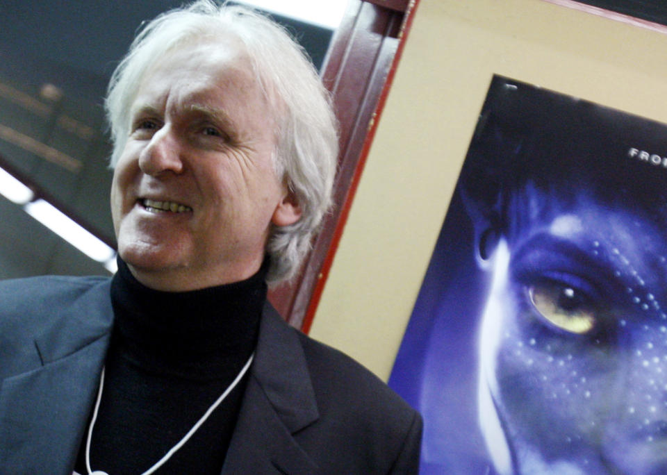 FILE – In this Jan. 28, 2010, file photo, film director James Cameron poses for photos prior to the opening of the movie “Avatar” in Davos, Switzerland. (AP Photo/Virginia Mayo, File)