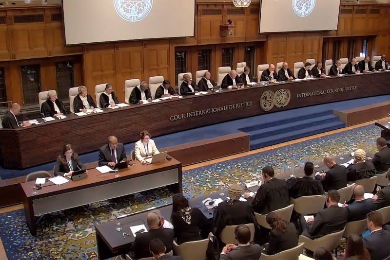 Judges and parties prepare for the opening of the hearings at the International Court of Justice in The Hague, Netherlands, on Thursday. The United Nations' top court is considering South Africa's allegation that Israel's war with Gaza amounts to genocide against Palestinians, a claim that Israel strongly denies. Photo by International Court of Justice