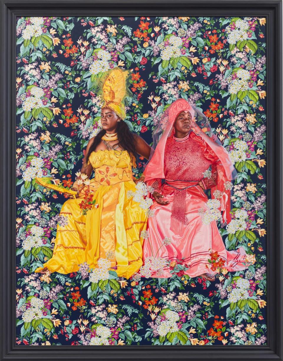 Kehinde Wiley’s “Portrait of Yaima Polledo & Isabel Pozo” is a massive 9-foot portrait that will be featured in a new exhibit at the Wichita Art Museum. “It’s big and bold and beautiful,” said curator Tera Hedrick.