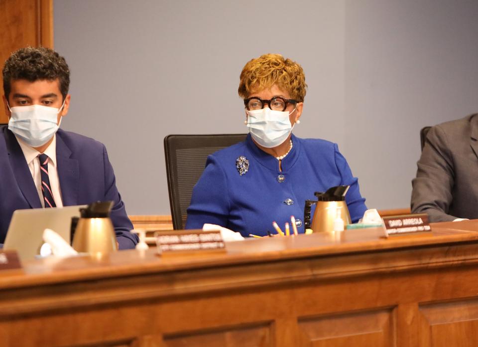 Gainesville City Commissioner Cynthia Chestnut, right, and David Arreola, left, during a meeting at City Hall in Gainesville, Feb. 17, 2022.