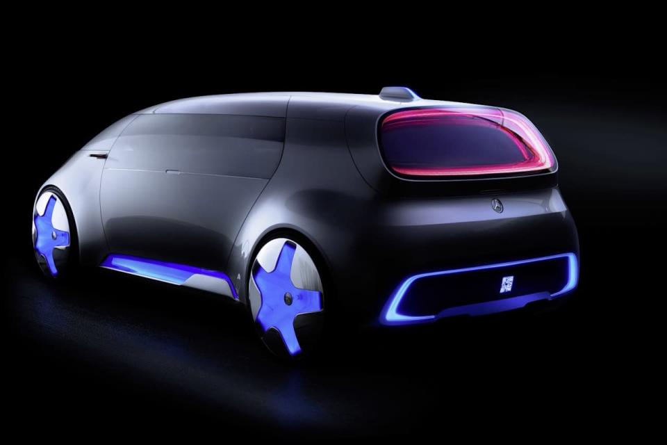 <p>Powered by electric motors, the Vision Tokyo rides on massive 26-inch wheels that spin around glowing wheel hubs. Power comes from a hybrid hydrogen fuel-cell system with zero emissions that’s capable of traveling 608 miles between refills—another sign that fuel-cell tech may yet have a future.<br></p>