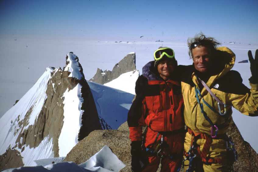 Alex Lowe (L) and Conrad Anker on the summit of Trolls Loppet, in the Antarctic region of Queen Maud Land, 1996 - Credit: National Geographic/Gordon Wiltsie