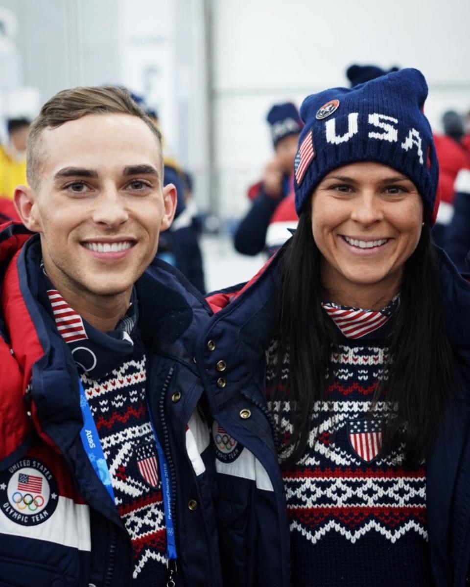 <p>Speedskater Brittany Bowe is the third openly LGBTQ American athlete along with Kenworthy and Rippon. Bowe and Rippon are photographed before the Opening Ceremony. </p>