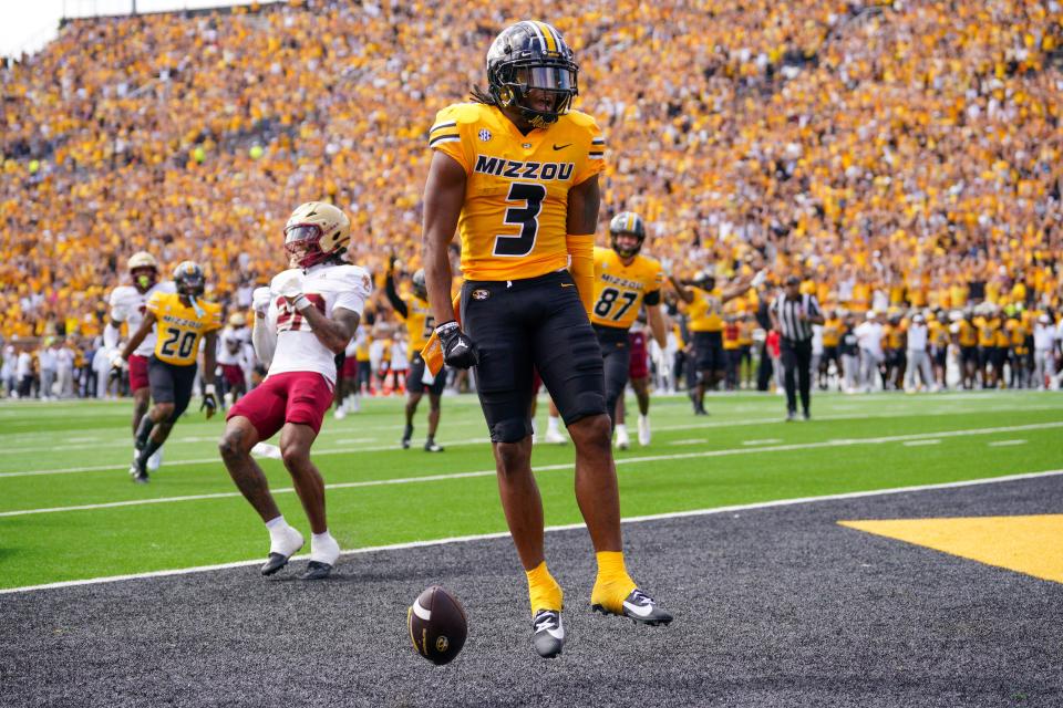 Sep 14, 2024; Columbia, Missouri, USA; Missouri Tigers wide receiver Luther Burden III (3) celebrates after scoring a touchdown against the Boston College Eagles during the first half at Faurot Field at Memorial Stadium. Mandatory Credit: Denny Medley-Imagn Images