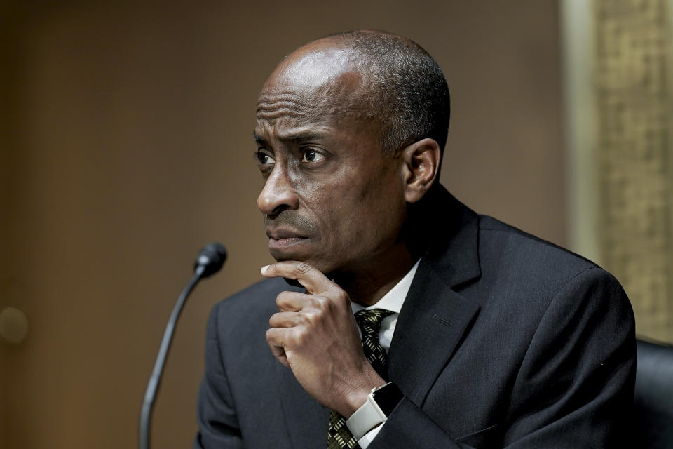 FILE - Philip Jefferson, then-nominee to be a member of the Federal Reserve Board of Governors, listens during a Senate Banking, Housing and Urban Affairs Committee confirmation hearing on Feb. 3, 2022, in Washington.“Skipping a rate hike at a coming meeting would allow (Fed policymakers) to see more data before making decisions” about whether to further increase rates, said Fed Governor Jefferson in a speech Wednesday, May 31, 2023. Philadelphia Fed President Patrick Harker made similar comments Wednesday. (Ken Cedeno/Pool via AP, File)