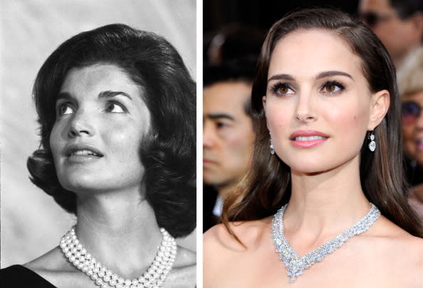 (FILE PHOTO) In this composite image a comparison has been made between Jacqueline Kennedy (L) and Natalie Portman. Actress Natalie Portman is in talks to reportedly play former First Lady Jacqueline Kennedy in a film biopic. ***LEFT IMAGE*** 1960: Close-up of American future First Lady Jacqueline Kennedy (1929 - 1994), Goergetown, Virginia, September 2, 1960. (Photo by Ed Clark/Time & Life Pictures/Getty Images) ***RIGHT IMAGE*** HOLLYWOOD, CA - FEBRUARY 26: Actress Natalie Portman arrives at the 84th Annual Academy Awards held at the Hollywood & Highland Center on February 26, 2012 in Hollywood, California. (Photo by Ethan Miller/Getty Images)