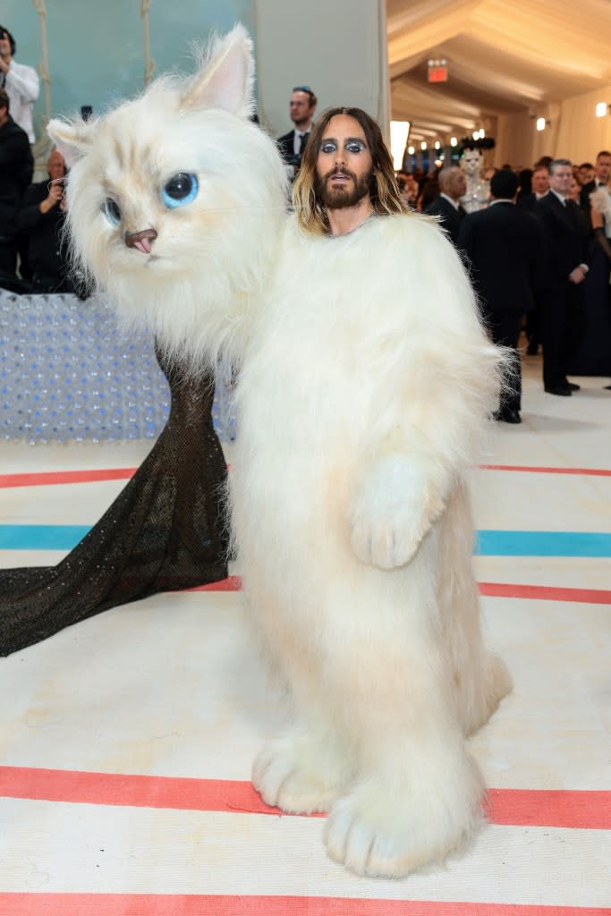 Jared Leto, dressed as Choupette, at the 2023 Met Gala Celebrating “Karl Lagerfeld: A Line Of Beauty.” Dimitrios Kambouris/Getty Images for The Met Museum/Vogue