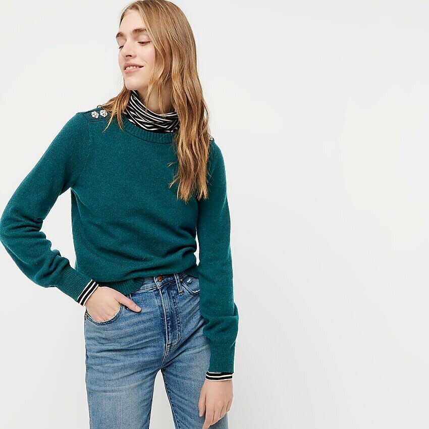 "It's officially sweater weather and I'm looking to stock up on some during Black Friday. I have the <a href="https://fave.co/2QU3arm" target="_blank" rel="noopener noreferrer"><strong>black version of this J.Crew sweater</strong></a> but I'm in love with this forest green color and think it'll be something easy to throw on. <strong><a href="https://fave.co/33DZ8GS" target="_blank" rel="noopener noreferrer">Almost everything's half-off at J.Crew right now﻿</a></strong>&nbsp;and I can't resist the&nbsp;little jeweled buttons on this that are absolutely adorable." - Ambar Pardilla, Contract Commerce Writer