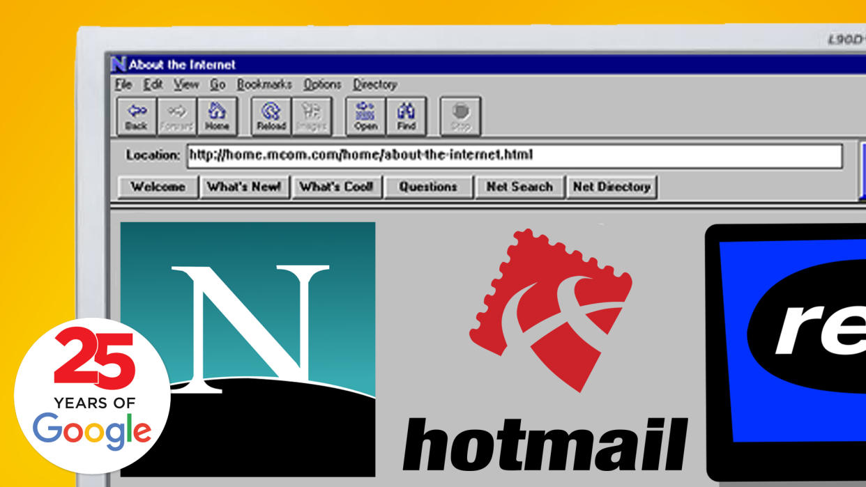  A monitor on a yellow background showing logos for Netscape, Hotmail and RealPlayer. 