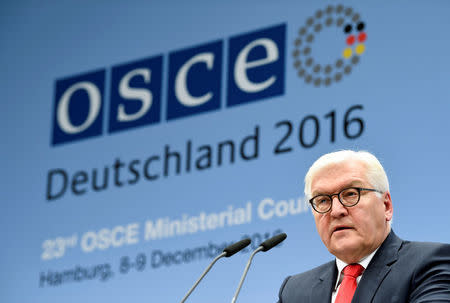 German Foreign Minister Frank-Walter Steinmeier and his Austrian counterpart Sebastian Kurz (not pictured) address media at the 23rd OSCE Ministerial Council organized by Germany's OSCE Chairmanship in Hamburg, Germany December 9, 2016. REUTERS/Fabian Bimmer