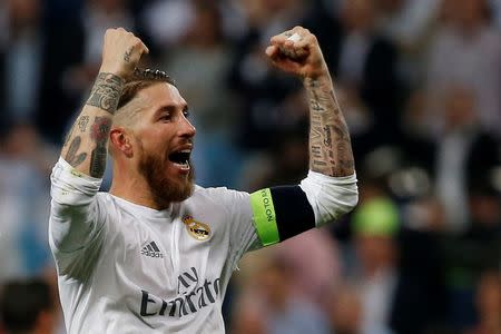 Football Soccer - Real Madrid v Manchester City - UEFA Champions League Semi Final Second Leg - Estadio Santiago Bernabeu, Madrid, Spain - 4/5/16 Real Madrid's Sergio Ramos celebrates at the end of the game Reuters / Sergio Perez Livepic