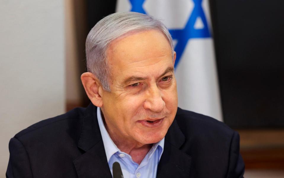 PHOTO: Israeli Prime Minister Benjamin Netanyahu convenes the weekly cabinet meeting at the Defence Ministry in Tel Aviv, Israel, Sunday, Jan. 7, 2024. (Ronen Zvulun/Pool via AP)