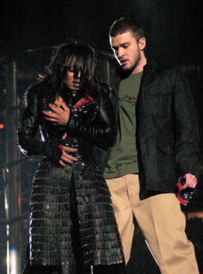 Janet Jackson's revealing moment at the 2004 Super Bowl. Photo by Getty Images.