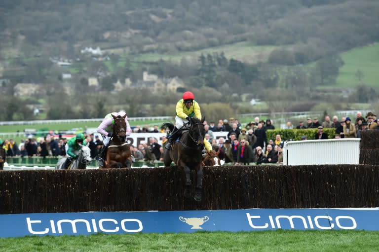 Jockey Robbie Power (C) riding Sizing John wins the Gold Cup on the final day of the Cheltenham Festival horse racing meeting at Cheltenham Racecourse in Gloucestershire, south-west England, on March 17, 2017