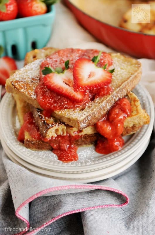 Fried Dandelions<p>This vanilla French toast with strawberry sauce makes a simple, yet gorgeous breakfast for all of your holiday entertaining needs!</p><p><strong>Get the recipe: <a href="https://www.frieddandelions.com/vanilla-french-toast-strawberry-sauce/" rel="sponsored" target="_blank" data-ylk="slk:Vanilla French Toast with Strawberry Sauce;elm:context_link;itc:0;sec:content-canvas" class="link "><em>Vanilla French Toast with Strawberry Sauce</em></a></strong></p>