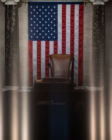 WASHINGTON, DC - JANUARY 03: The empty chair at the top of the three-tiered Dias of the House Chamber of the U.S. Capitol Building on Tuesday, Jan. 3, 2023 in Washington, DC. Today members of the 118th Congress will be sworn in and the House of Representatives will hold votes on a new Speaker of the House. (Kent Nishimura / Los Angeles Times)