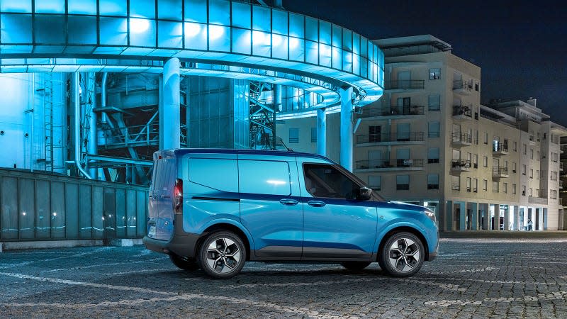 A photo of the Ford eTransit courier van in blue. 