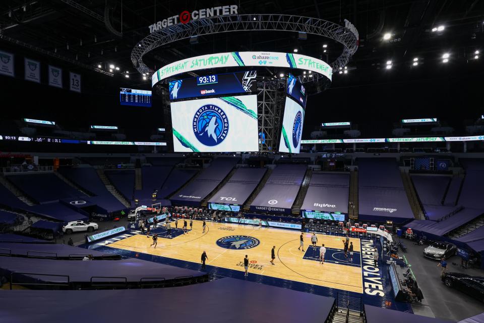 MINNEAPOLIS, MN - JANUARY 09: A general view of Target Center prior to the game against the Minnesota Timberwolves and San Antonio Spurs on January 9, 2021 in Minneapolis, Minnesota. NOTE TO USER: User expressly acknowledges and agrees that, by downloading and or using this photograph, User is consenting to the terms and conditions of the Getty Images License Agreement. 
 (Photo by Harrison Barden/Getty Images)