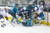 May 25, 2016; San Jose, CA, USA; San Jose Sharks right wing Joel Ward (42) and right wing Joonas Donskoi (27) collide with St. Louis Blues left wing Alexander Steen (20) in the second period of game six in the Western Conference Final of the 2016 Stanley Cup Playoffs at SAP Center at San Jose. Mandatory Credit: John Hefti-USA TODAY Sports