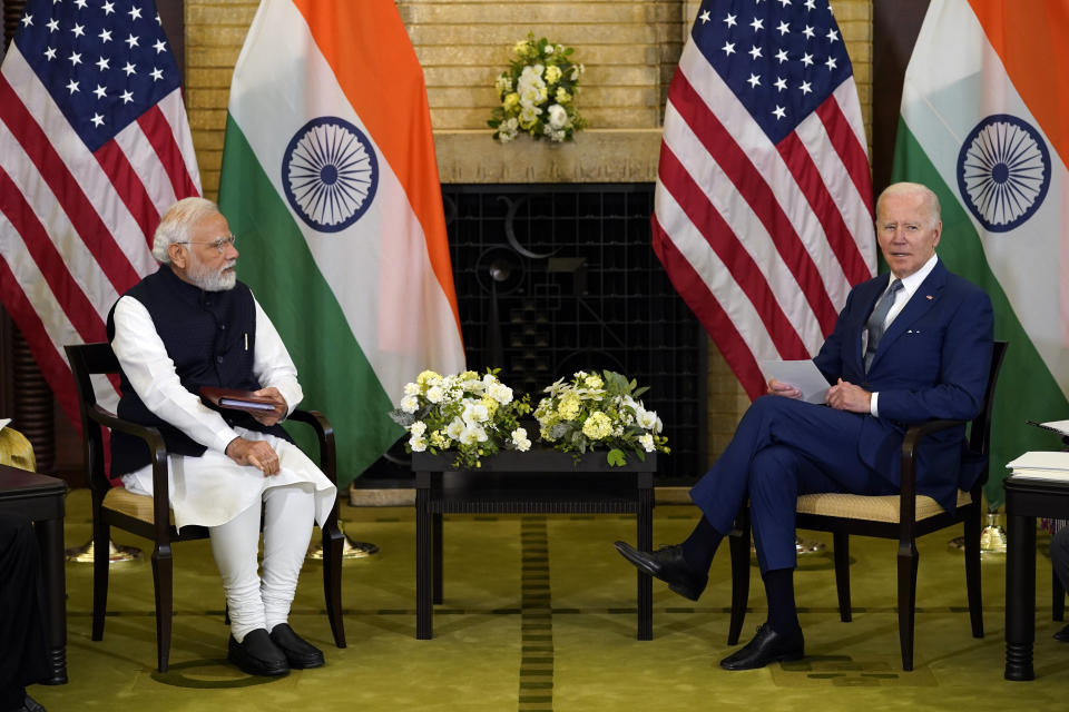 FILE - President Joe Biden, right, meets with Indian Prime Minister Narendra Modi during the Quad leaders summit at Kantei Palace, May 24, 2022, in Tokyo. Biden is honoring Modi with a state visit this week. Modi arrives in the U.S. on Wednesday, starting his visit at the United Nations. (AP Photo/Evan Vucci, File)