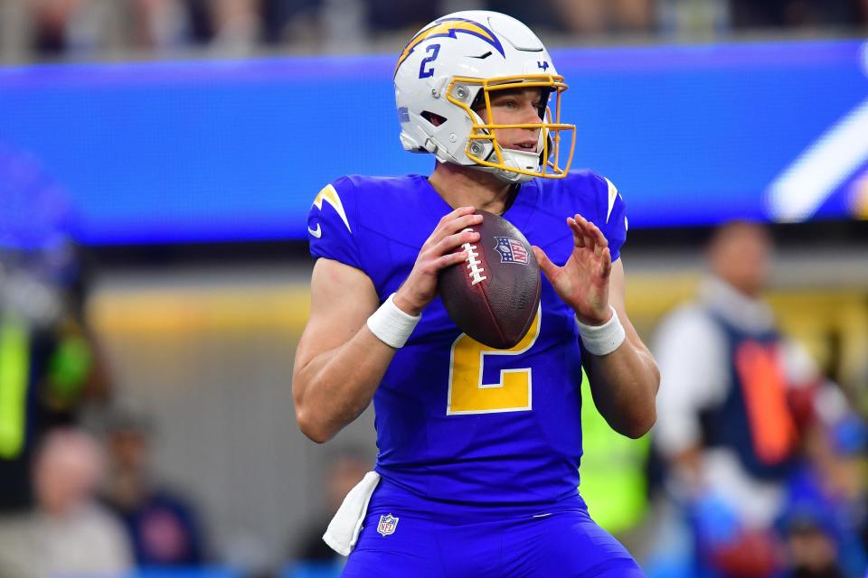 Los Angeles Chargers quarterback Easton Stick (2) throws against the Denver Broncos during the second half at SoFi Stadium.