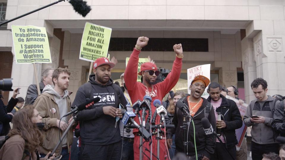 Members of the Amazon Labor Union appear in a still from a documentary on their fight to organize workers at the company.