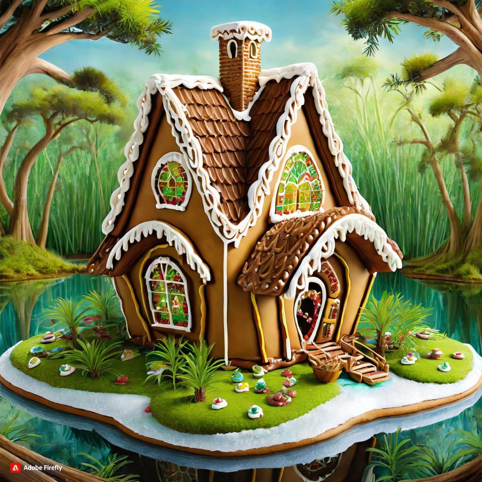 This Floridian swamp gingerbread house is an AI rendering from Adobe Firefly, inspired by Adobe's 'State Sweets' AI gingerbread houses. Adobe Firefly only uses images that are copyright-free, content with an expired copyright or images from Adobe stock images.