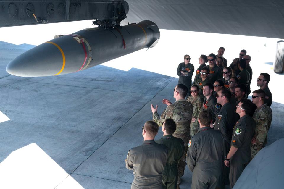 A live AGM-183A ARRW hypersonic missile under the wing of a US Air Force B-52H bomber at Andersen Air Force Base on Guam ahead of a test earlier this year. <em>USAF</em>