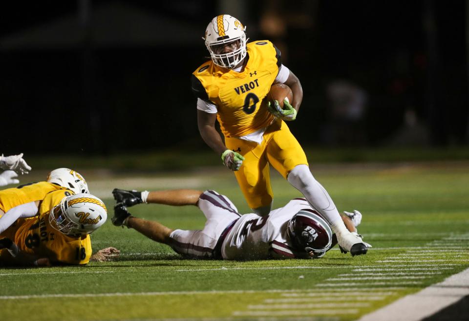 The Bishop Verot Vikings compete against the First Baptist Academy Lions in a game at Bishop Verot High School in Fort Myers on Friday, Sept. 15, 2023. Verot won 49-22.