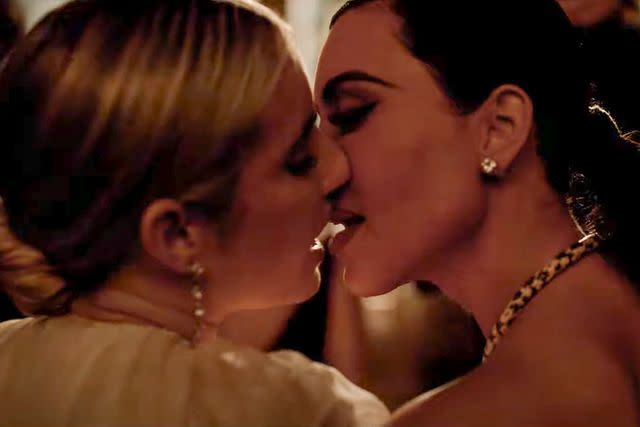 <p>FX</p> Emma Roberts (left) and Kim Kardashian share a kiss in the trailer for 'American Horror Story: Delicate Part Two'