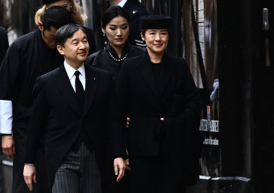 <p>Japan's Emperor Naruhito and his wife Empress Masako arrive at Westminster Abbey in London on Sept. 19, 2022 for the State Funeral Service for Britain's Queen Elizabeth II. Leaders from around the world will attend the state funeral of Queen Elizabeth II. The country's longest-serving monarch, who died aged 96 after 70 years on the throne, will be honoured with a state funeral on Monday morning at Westminster Abbey. (Photo by Marco Bertorello/AFP via Getty Images)</p> 