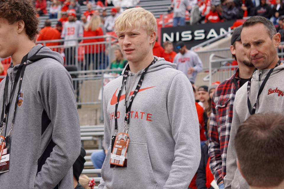 Ohio State men's basketball commitment Colin White of Ottawa-Glandorf heads into Ohio Stadium to watch the OSU football team take on Maryland on Oct. 7, 2023.