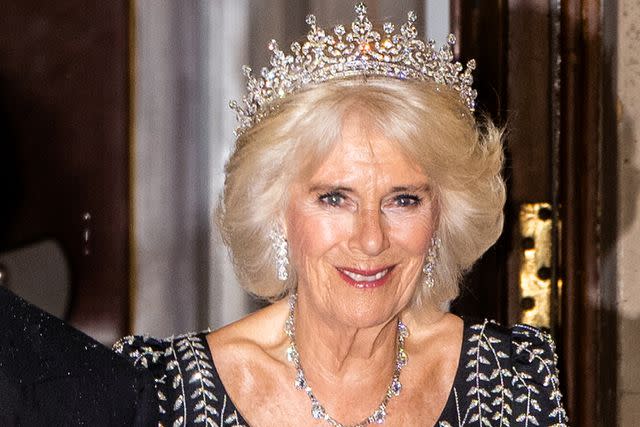 <p>Samir Hussein/WireImage</p> Queen Camilla attends a dinner at Mansion House on Oct. 18, 2023 in Queen Elizabeth's tiara