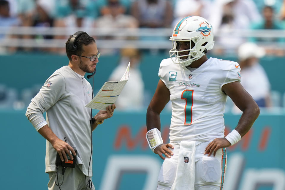 The success of the Miami Dolphins may come down to how healthy quarterback Tua Tagovailoa (right) can stay after he struggled with concussion issues a year ago. (Peter Joneleit/Icon Sportswire via Getty Images)