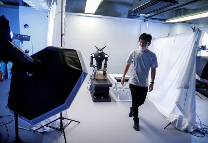 Telexistence's shelf-stacking avatar robot, designed to resemble a kangaroo and developed to work in a convenience store, is seen during a photo opportunity ahead of its unveiling in Tokyo, Japan