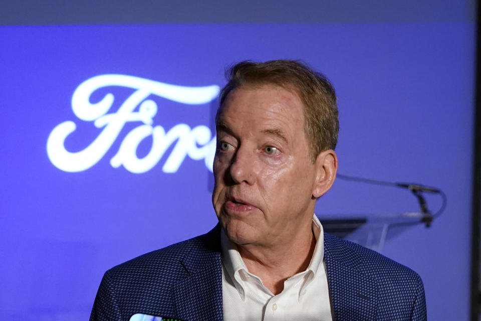 Ford Motor Company Executive Chairman Bill Ford is interviewed before delivering remarks on the future of American manufacturing, Monday, Oct. 16, 2023, in Dearborn, Mich. (AP Photo/Carlos Osorio)