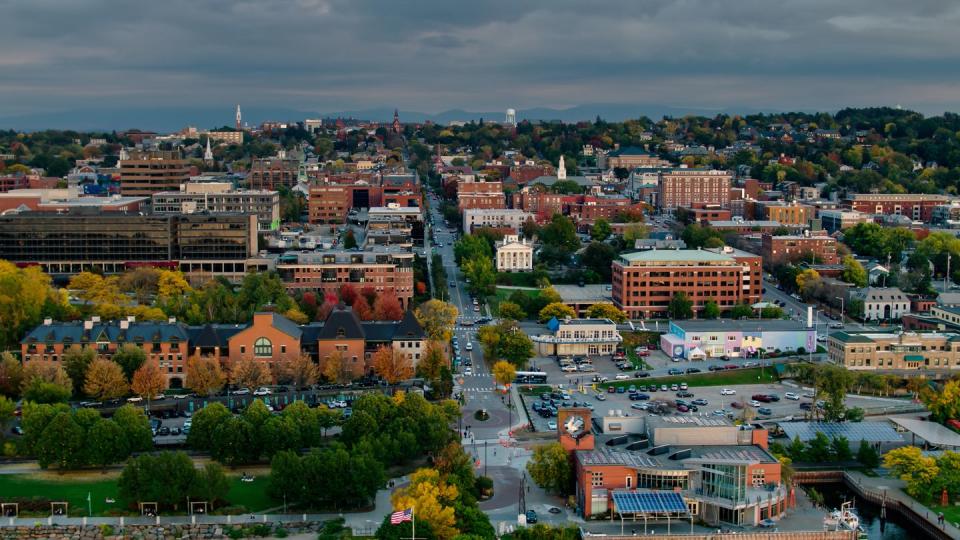 aerial view from lakeshore looking along streets in burlington, vermont