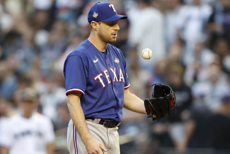 Texas Rangers starting pitcher Max Scherzer went 13-6 with a 3.77 ERA in 27 starts last season. File Photo by John Angelillo/UPI