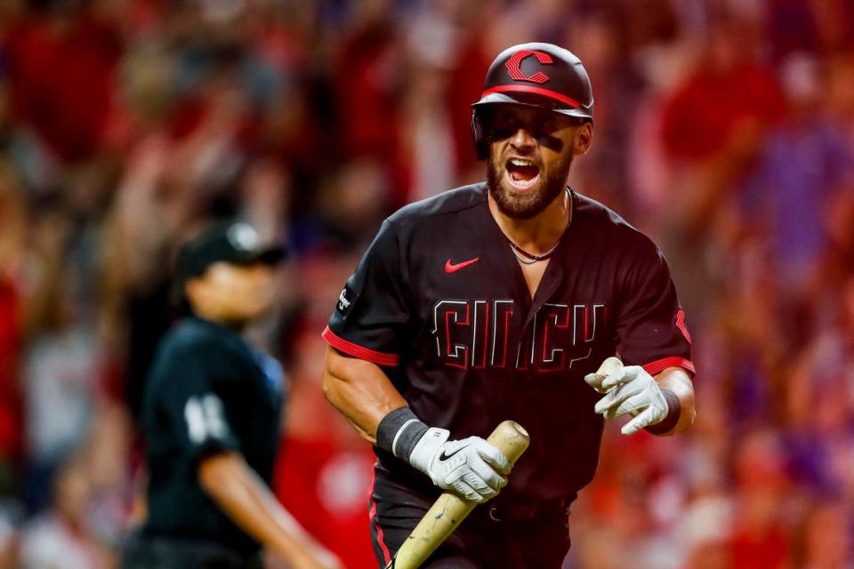 Former Reds right fielder Hunter Renfroe liked the look of his solo home run during a game against the Chicago Cubs this season at Great American Ball Park in Cincinnati.